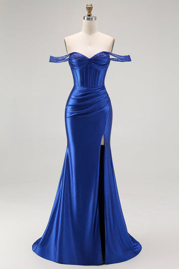 Royal Blue Mermaid Off The Shoulder Corset Long Prom Dress with Beading